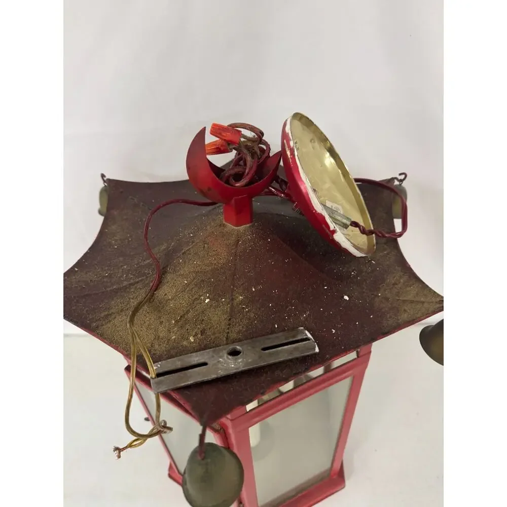 Vtg 1988 Triarch Industries Red Metal Asian Pagoda Hanging Lantern Bell Chimes
